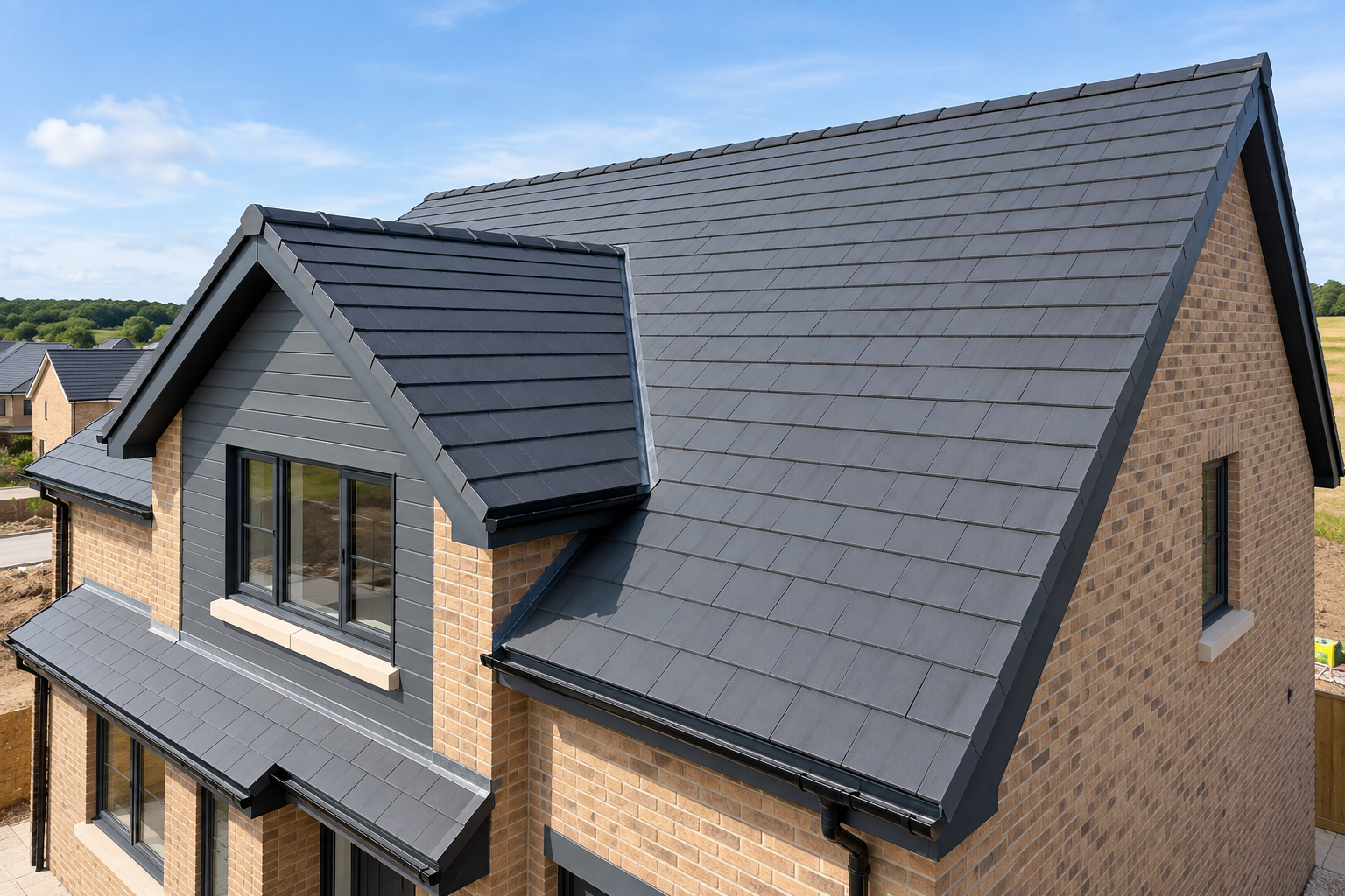 Roof inspector examining residential roof tiles